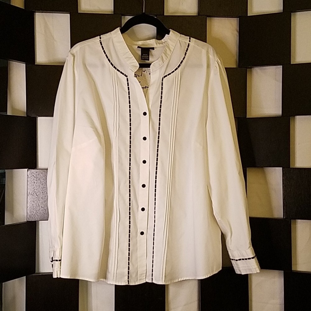 White button down shirt with black trim